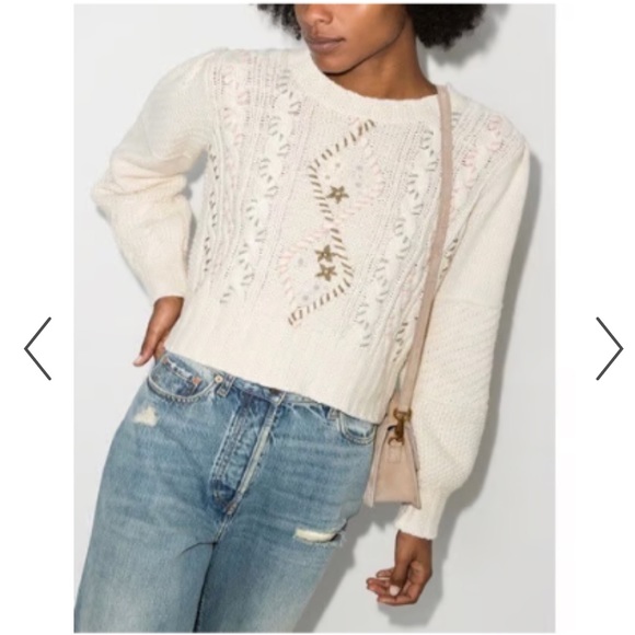 Loveshackfancy Leni Cable Knit Floral Sweater in White Emroidered,New Products : American Fashion Style Bags On Sale